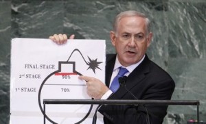 Israel's Prime Minister Netanyahu points to red line he has drawn on graphic of bomb as he addresses 67th United Nations General Assembly in New York